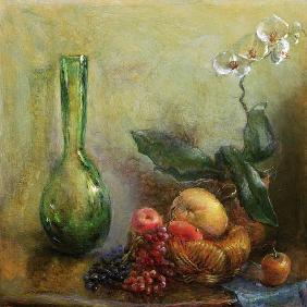 Orchid with Basket of Fruit and Green Vase (oil on canvas) 