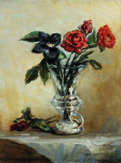 Two Roses in a Glass Vase with Opening Tulip (oil on canvas)  od Gail  Schulman