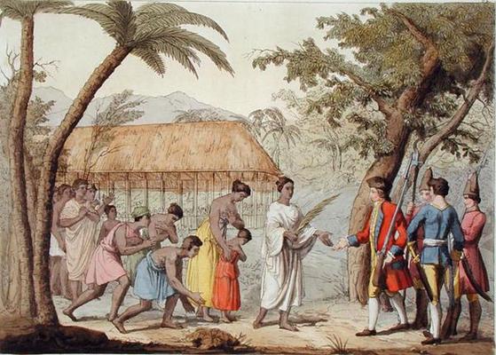 Captain Samuel Wallis (1728-1830) being received by Queen Oberea on the Island of Tahiti (colour lit od Gallo Gallina