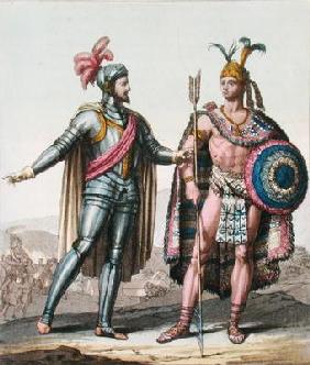The Encounter between Hernan Cortes (1485-1547) and Montezuma II (1466-1520) from 'Le Costume Ancien