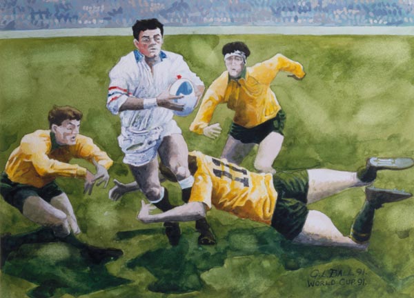 Rugby Match: England v Australia in the World Cup Final, 1991, Will Carling being tackled (w/c)  od Gareth Lloyd  Ball