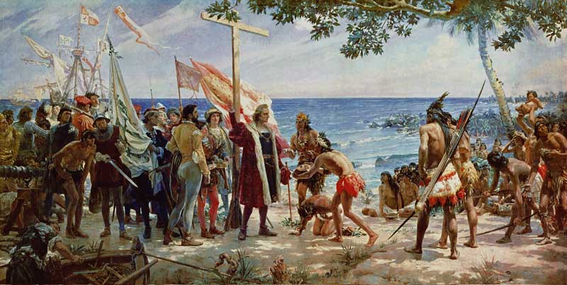 The disembarkation of Christopher Colombus on the Island of Guanahani in 1492 od Jose Garnelo y Alda, Jose