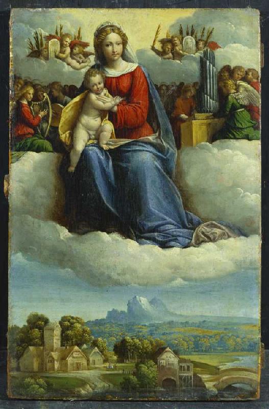 Madonna mit Kind umgeben von musizierenden Engeln über einer Waldlandschaft. od Garofalo