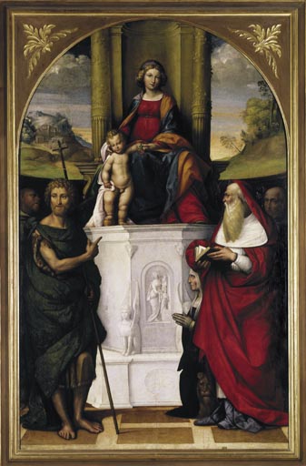 Thronende Maria mit Kind, Heiligen und der Stifterin Ludovica Trotti od Garofalo