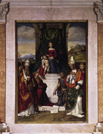 Thronende Maria mit Kind, dem Heiligen Silvester und fuenf weiteren Heiligen od Garofalo