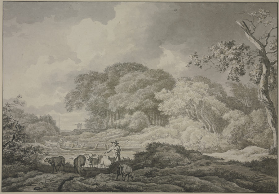 Baumpartie, vorne eine Schafherde, hinten an einem Zaun ein Wagen mit zwei Pferden od Geerlig Grijpmoed