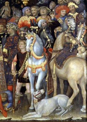 The Adoration of the Magi, detail of riders, horses and dog