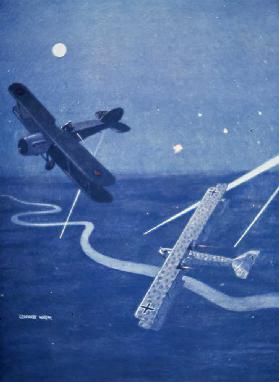 Bristol fighter attacks German Gotha bomber over London by night