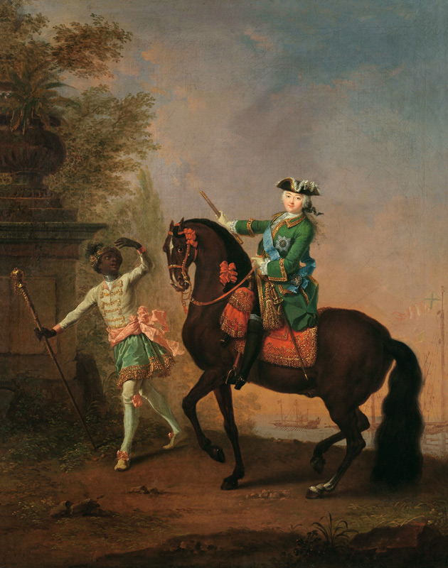 Portrait of Empress Elizabeth Petrovna (1709-62) on Horseback with a Negro Boy od Georg Christoph Grooth