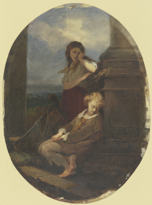 Zwei sitzende Kinder mit Harfe od Georg Cornicelius