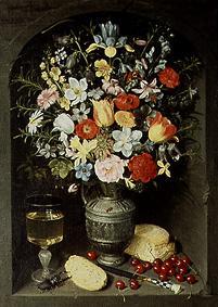 Bouquet of flowers being in a niche in a silver jug. od Georg Flegel