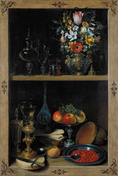Shelf with flower vase and fruits od Georg Flegel