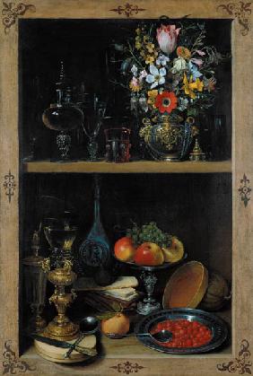 Shelf with flower vase and fruits