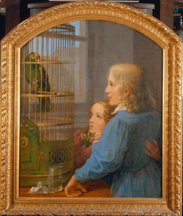 Two Children before a Parrot Cage od Georg Friedrich Kersting