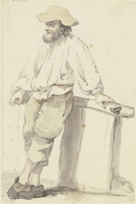 Bärtiger Mann mit flachem Hut, an ein Geländer gelehnt od Georg Melchior Kraus