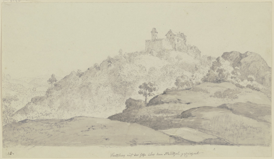 Blick auf die Wartburg von einer hügeligen Gegend aus, über der sich der Berg mit der Burg erhebt od Georg Melchior Kraus