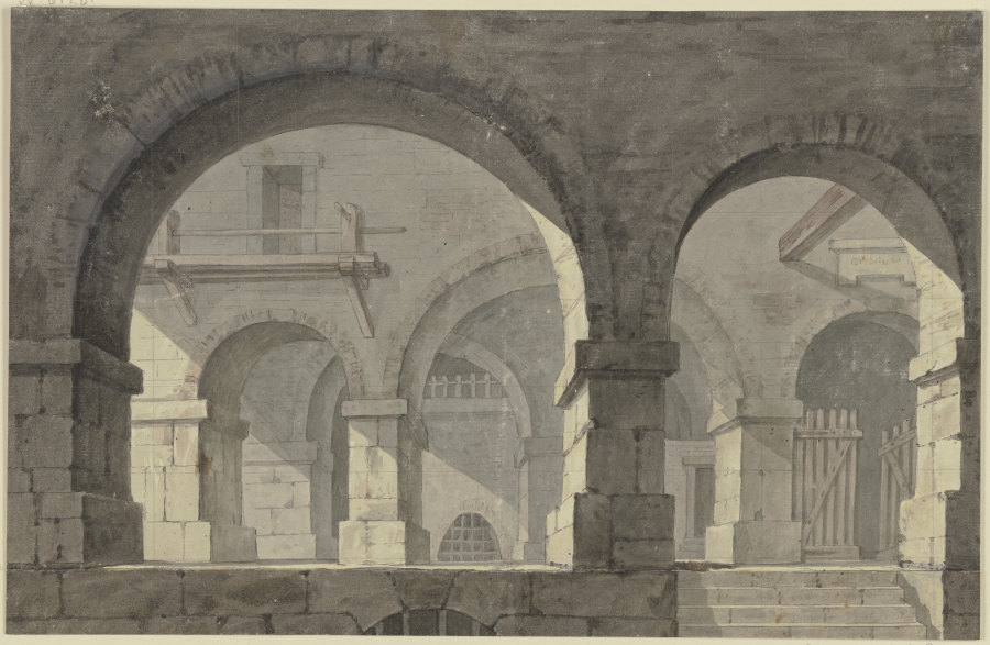 Blick in ein Gebäude mit mächtigen Bogen und vergitterten Fenstern od Georg Melchior Kraus