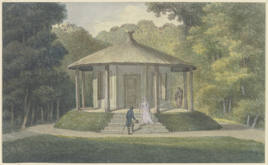 Der Pavillon im Ettersburger Park bei Weimar, auf der Treppe die Herzogin Anna Amalia, einen Herrn b od Georg Melchior Kraus