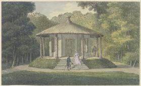Der Pavillon im Ettersburger Park bei Weimar, auf der Treppe die Herzogin Anna Amalia, einen Herrn b