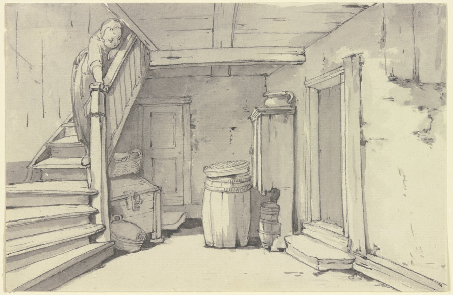 Diele in einem Bauernhaus, links eine Treppe, auf der ein Mädchen steht od Georg Melchior Kraus