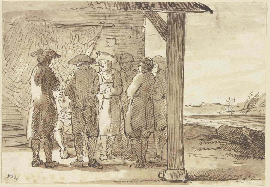 Gruppe von sieben Männern im überdachten Vorbau eines Hauses od Georg Melchior Kraus