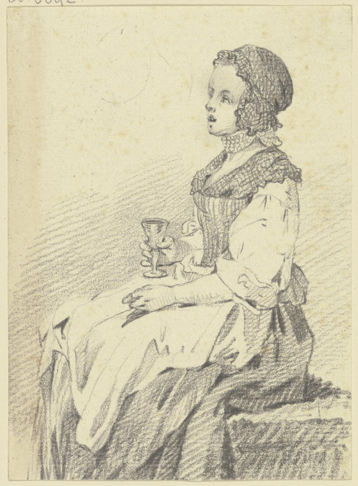 Sitzendes junges Mädchen mit Haube und Halsband, im Profil nach links, ein Glas in der rechten Hand  od Georg Melchior Kraus
