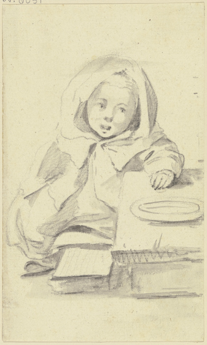 Sitzendes Kind mit großer Kapuze, vor ihm ein Teller od Georg Melchior Kraus