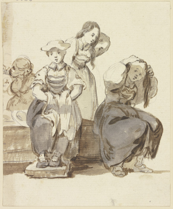 Vier junge Mädchen bei einem Brunnen, zwei von ihnen ordnen sich die Haare od Georg Melchior Kraus