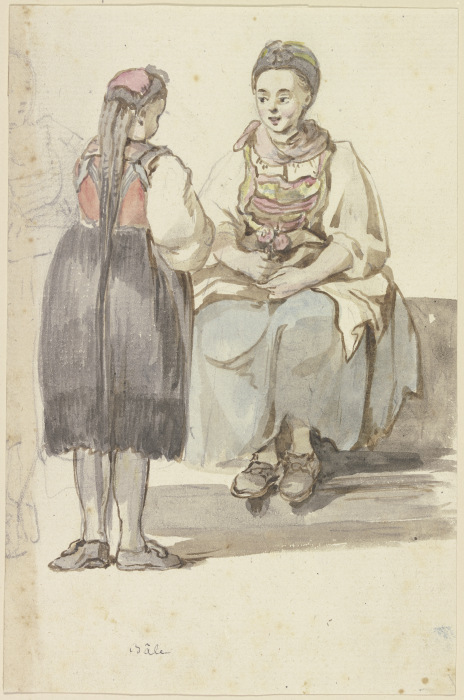 Zwei Schweizer Bäuerinnen, die linke stehend, vom Rücken gesehen, die rechte sitzend, von vorne od Georg Melchior Kraus