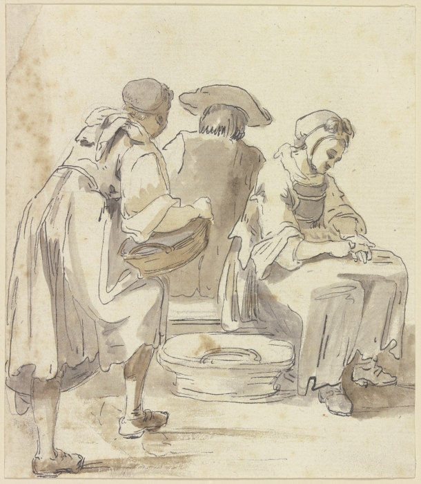Zwei Wäscherinnen und ein vom Rücken gesehener sitzender Mann od Georg Melchior Kraus