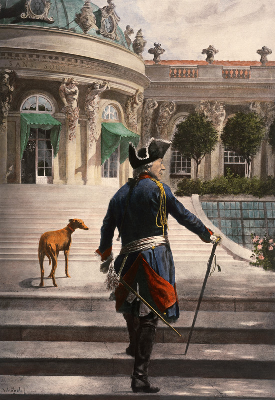 Der Alte Fritz mit seinem Windspiel auf den Terrassen von Sanssouci. od Georg Schöbel