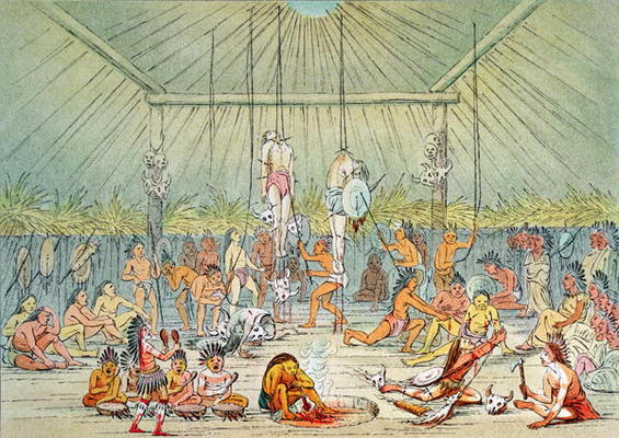 Mandan ceremony (colour litho) od George Catlin