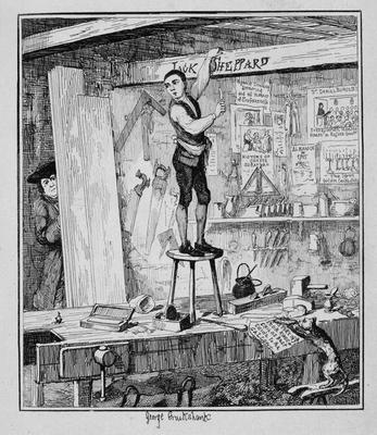 Jack carves his name on a beam in the shop of his former employer, illustration from 'Jack Sheppard: od George Cruikshank