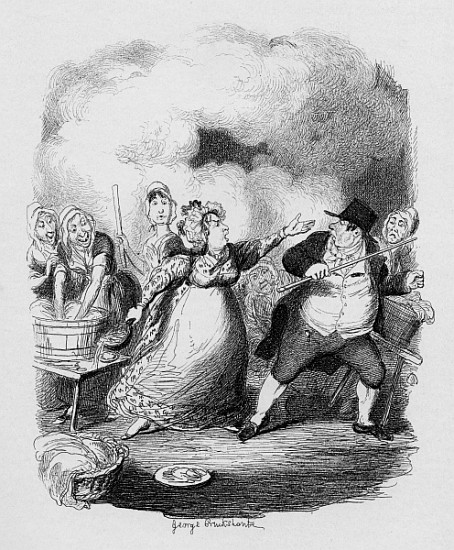 Mr Bumble degraded in the eyes of the paupers, from ''The Adventures of Oliver Twist'' Charles Dicke od George Cruikshank