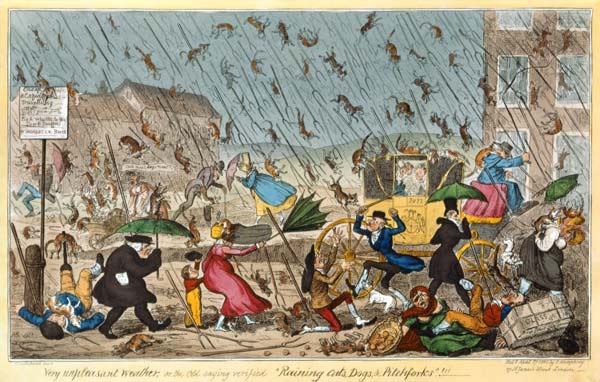 Very Unpleasant Weather, or the Old Saying verified Raining Cats, Dogs and Pitchforks! , pub. G. Hum od George Cruikshank