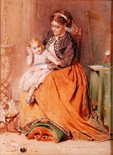"Tick, Tick, Tick" - a girl sitting on her mother's lap listening to her gold watch ticking od George Elgar Hicks