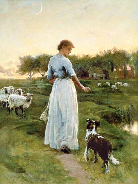A Shepherdess with her Dog and Flock in a Moonlit Meadow od George Faulkner Wetherbee