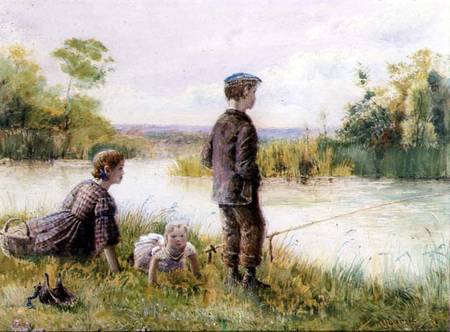 Children fishing by a stream od George Goodwin Kilburne