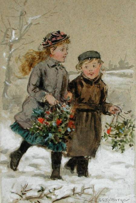 Children Playing in the Snow - Collecting Holly (w/c heightened with white on paper) od George Goodwin Kilburne