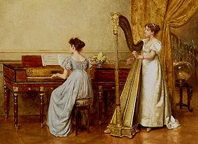 Two women in an interior playing instruments. od George Goodwin Kilburne