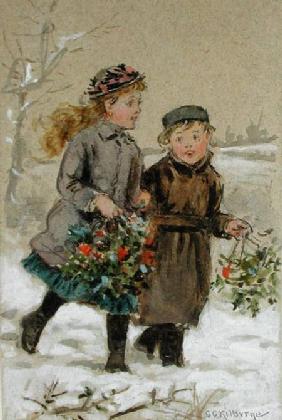 Children Playing in the Snow - Collecting Holly (w/c heightened with white on paper)