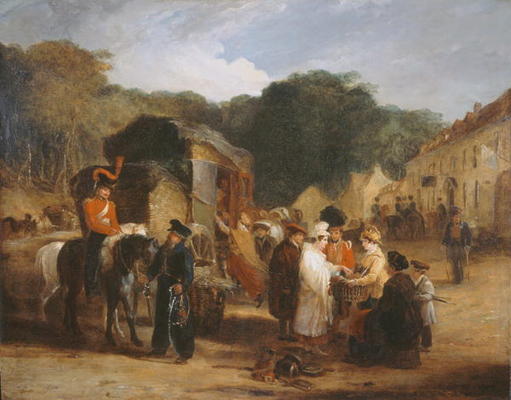 The Village of Waterloo, with travellers purchasing the relics that were found in the field of battl od George Jones