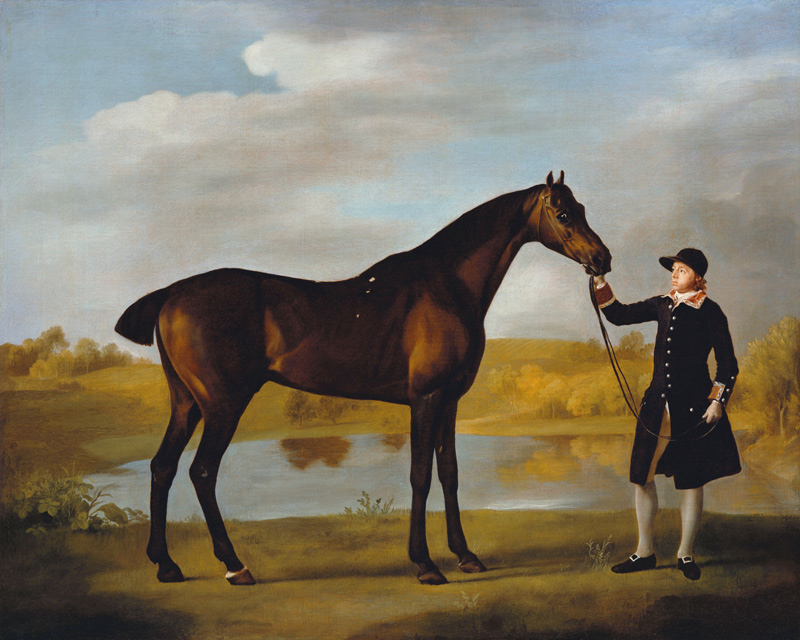 The Duke of Marlborough''s (?) Bay Hunter, with a Groom in Livery in a Lake Landscape od George Stubbs