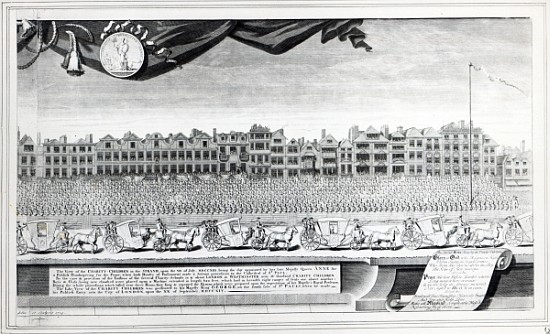View of the Charity Children in the Strand, 7th July 1713, print made in 1715 od George Vertue