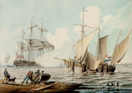 Dutch Pinks and a British Man-o'-War off a Coastline od George Webster