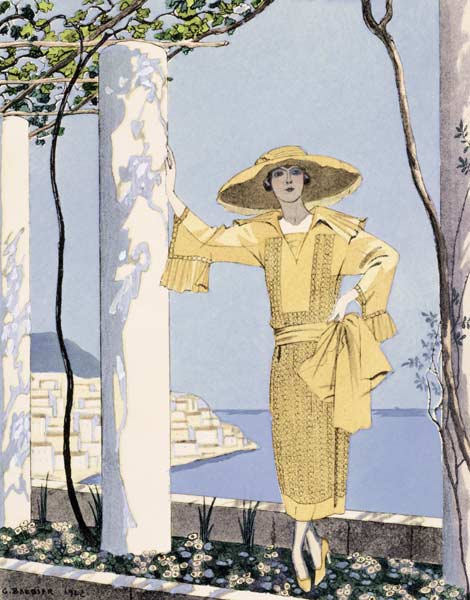 Amalfi, illustration of a woman in a yellow dress by Worth, 1922 (pochoir print) od Georges Barbier