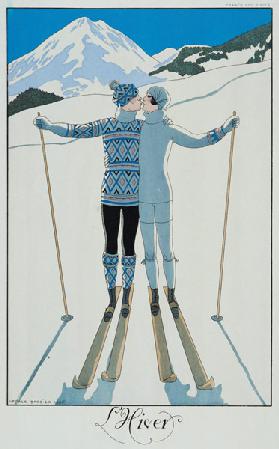 Winter: Lovers in the Snow, fashion plate from 'Twentieth Century France', 1925 (colour litho)