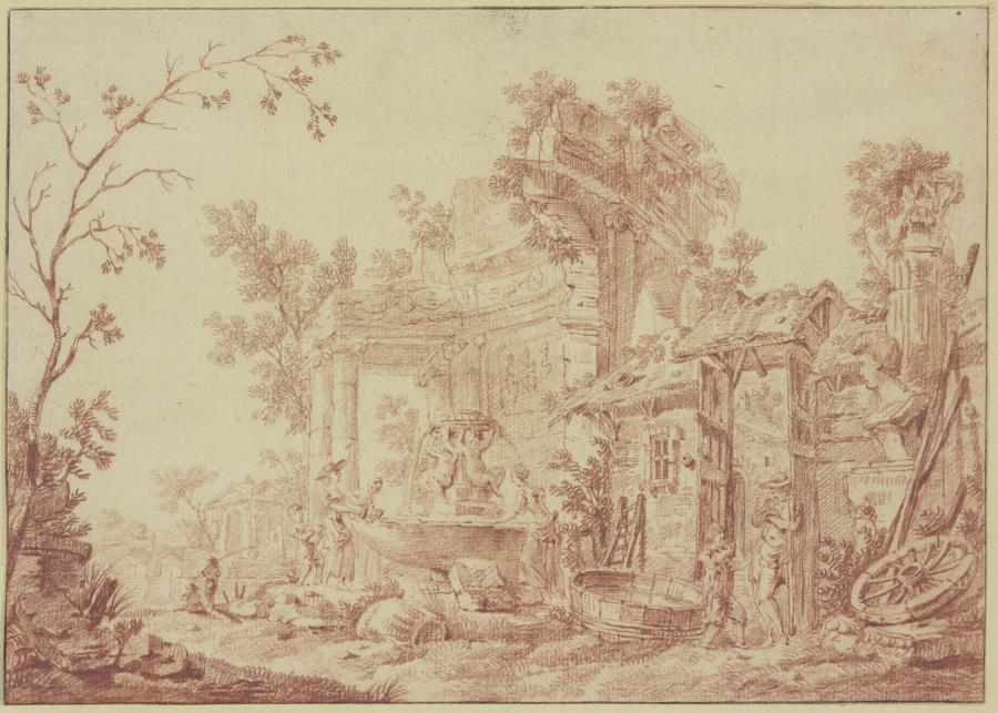 Unter römischen Ruinen ein Brunnen mit zwei Amoretten, an welchem Wäscherinnen beschäftigt sind od Georges-François Blondel