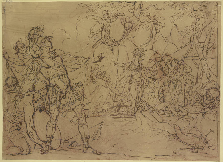 Ein junger Krieger ist im Begriff, ein Lager anzugreifen, Minerva verwehrt es ihm, sie ist umgeben v od Gerard de Lairesse