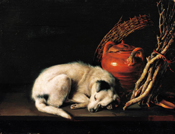 Ein schlafender Hund neben einem Terrakottakrug, einem Korb, einem Paar Clogs und Zündholz od Gerard Dou